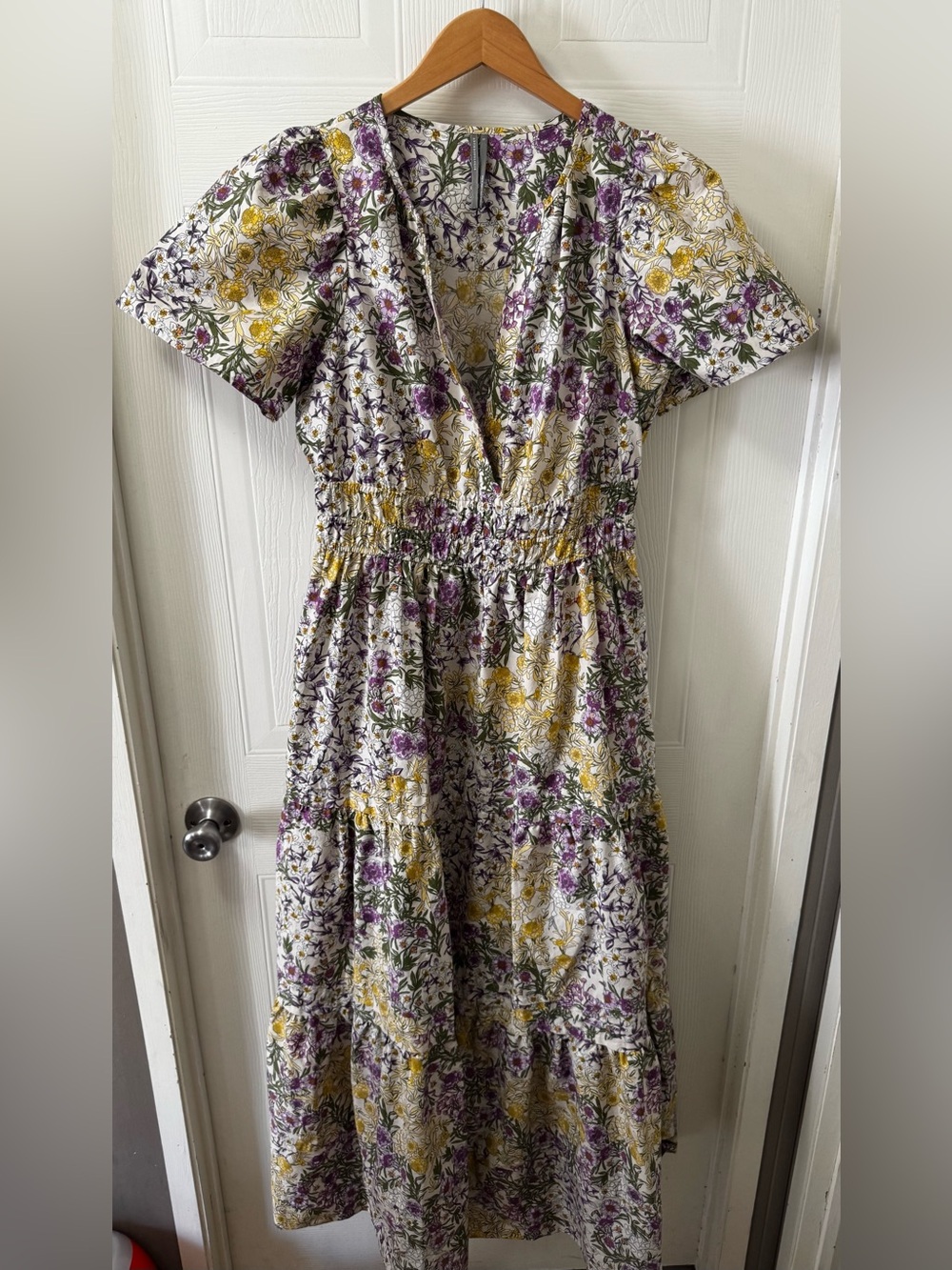 Anthropologie White Maxi Dress with Purple & Yellow Floral Print